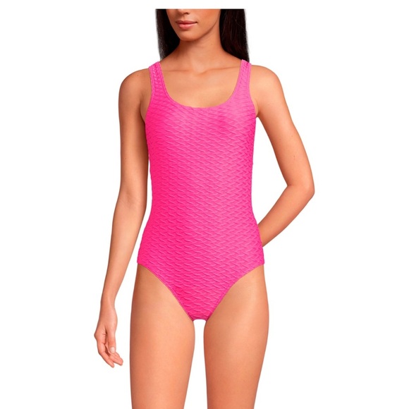 Land’s End Sz 12 Tugless Bright Pink Feminine Textured One-Piece Swimsuit - Picture 1 of 8